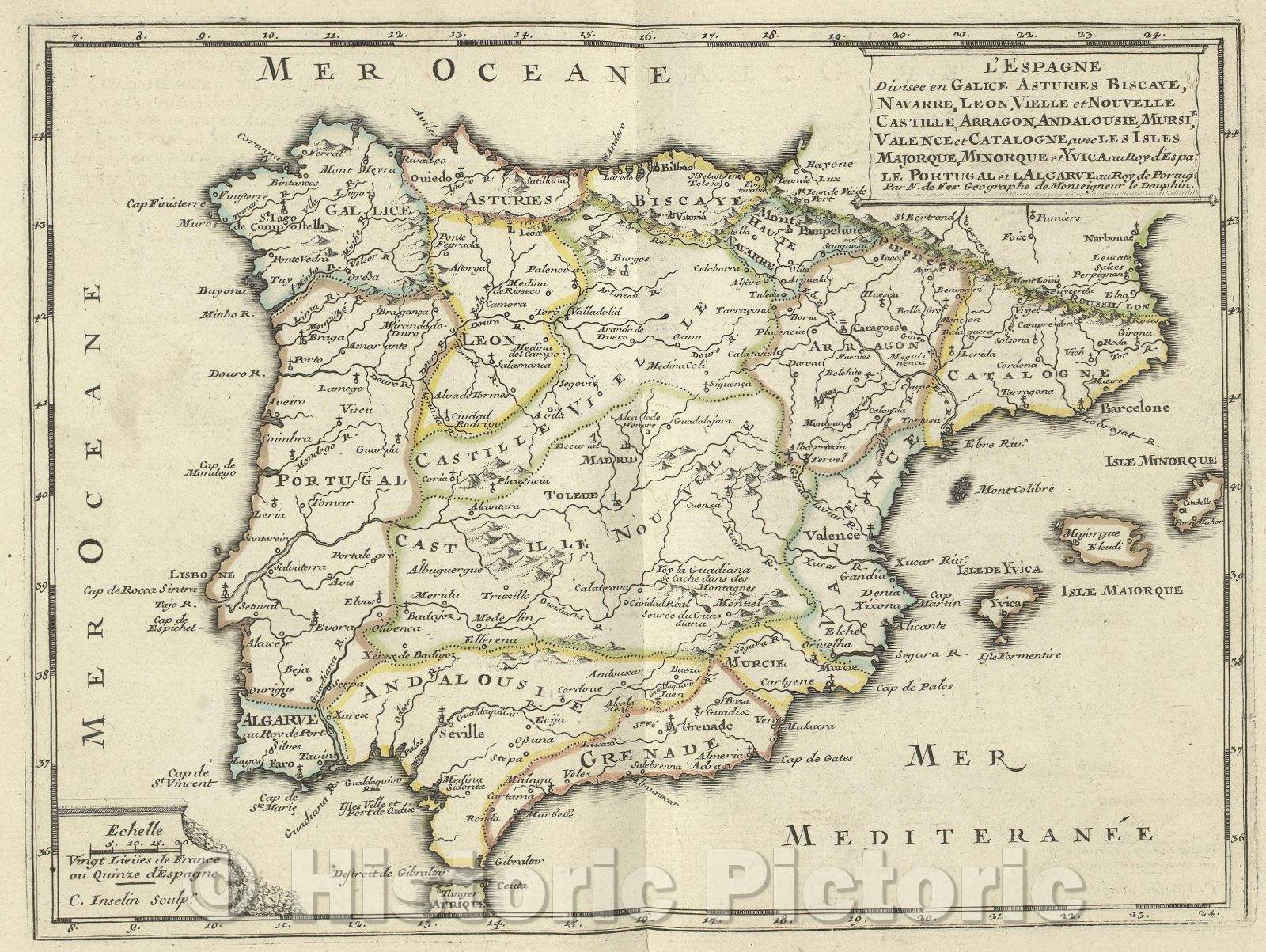 Historic Map : L'Espagne divisee en Galice Asturies Biscave, Navarre, Leon, Vielle et Nouvelle Castille, Arragon, Andalousie. Mursie, 1697 , Vintage Wall Art