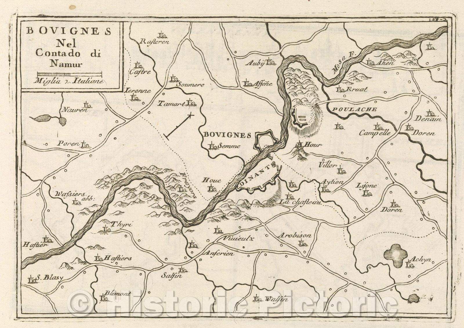Historic Map : Theater of war, divided into 48 parts, Bovignes Nel Contado di Namur, 1706 , Vintage Wall Art