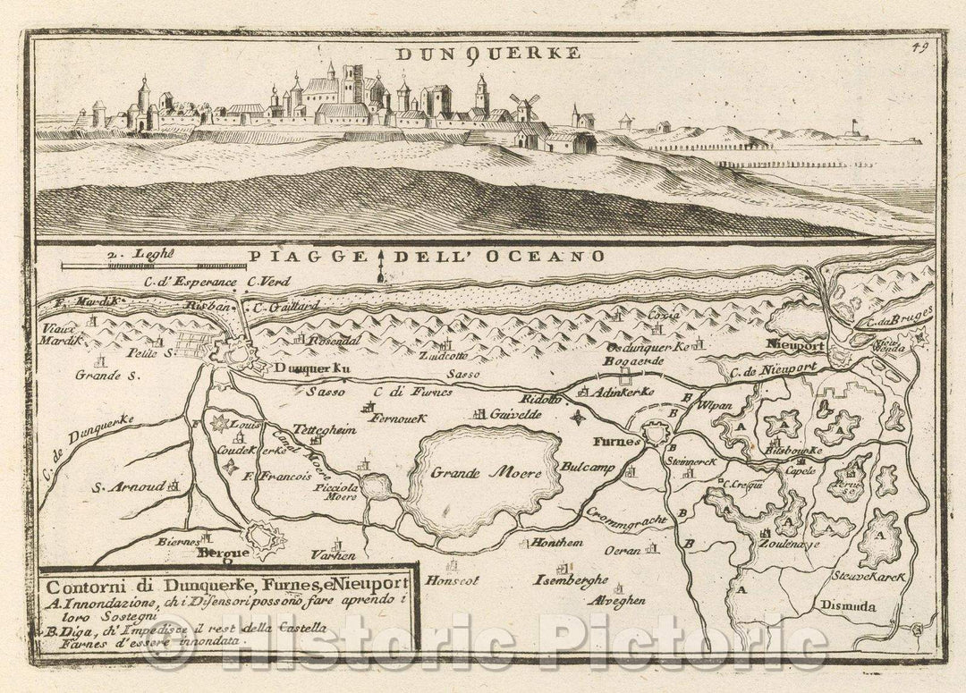 Historic Map : Theater of war, divided into 48 parts, Contorni di Dunquerke, Furnes, e Nieuport, 1706 , Vintage Wall Art