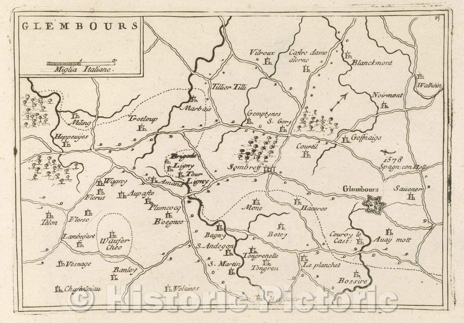 Historic Map : Theater of war, divided into 48 parts, Glembours, 1706 , Vintage Wall Art