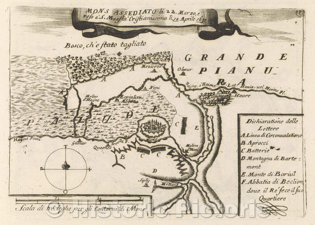 Historic Map : Theater of war, divided into 48 parts, Mons Assediato li 22. Marzo, e' reso a' S. Maesta' Cristianissima li 10. Aprile 1691, 1691 , Vintage Wall Art