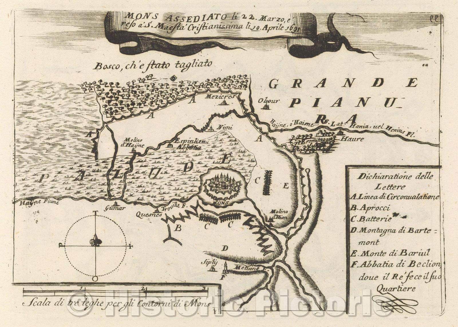 Historic Map : Theater of war, divided into 48 parts, Mons Assediato li 22. Marzo, e' reso a' S. Maesta' Cristianissima li 10. Aprile 1691, 1691 , Vintage Wall Art