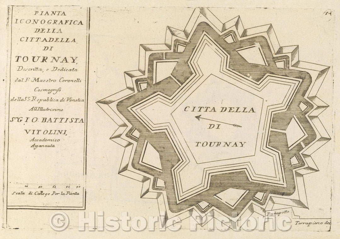 Historic Map : Theater of war, divided into 48 parts, Pianta Iconografica della Citadella, di Tournay, Descritta e Dedicata dal P. Maestro Coronelli Cosmografo della, 1706 , Vintage Wall Art
