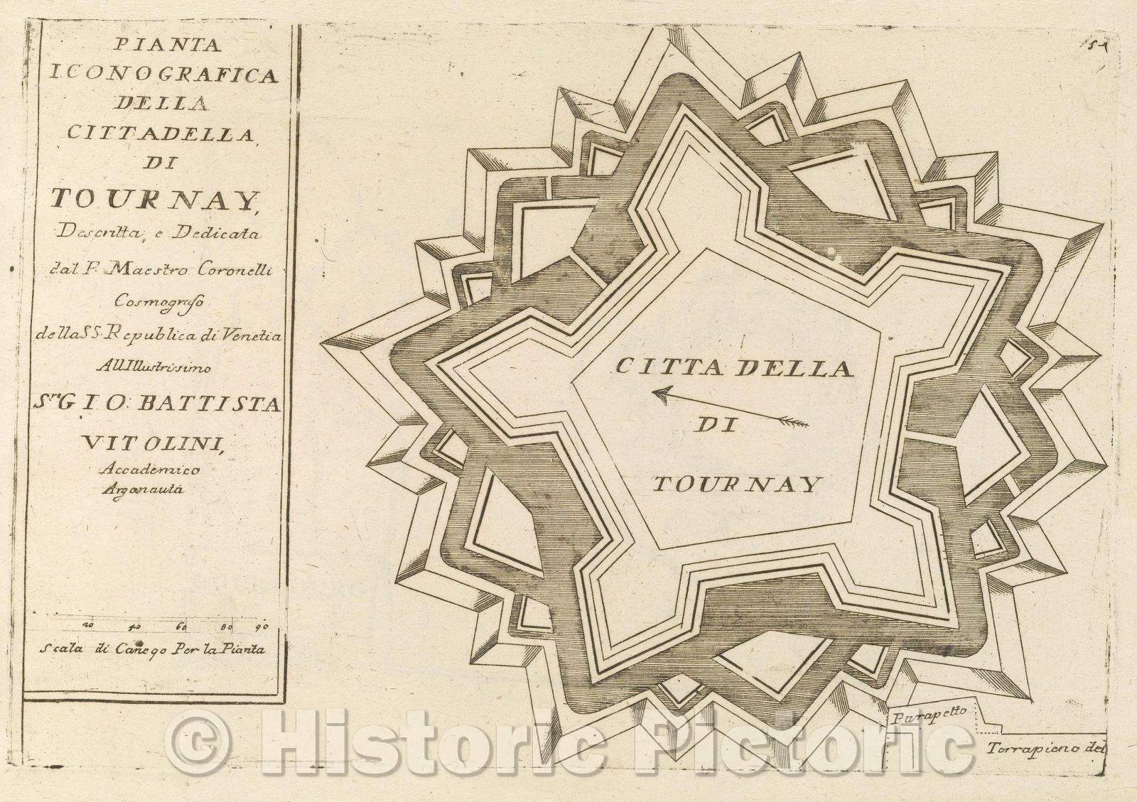 Historic Map : Theater of war, divided into 48 parts, Pianta Iconografica della Citadella, di Tournay, Descritta e Dedicata dal P. Maestro Coronelli Cosmografo della, 1706 , Vintage Wall Art