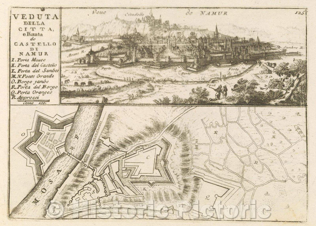 Historic Map : Theater of war, divided into 48 parts, Veduta Della Citta, e Pianta de Castello di Namur, 1706 , Vintage Wall Art