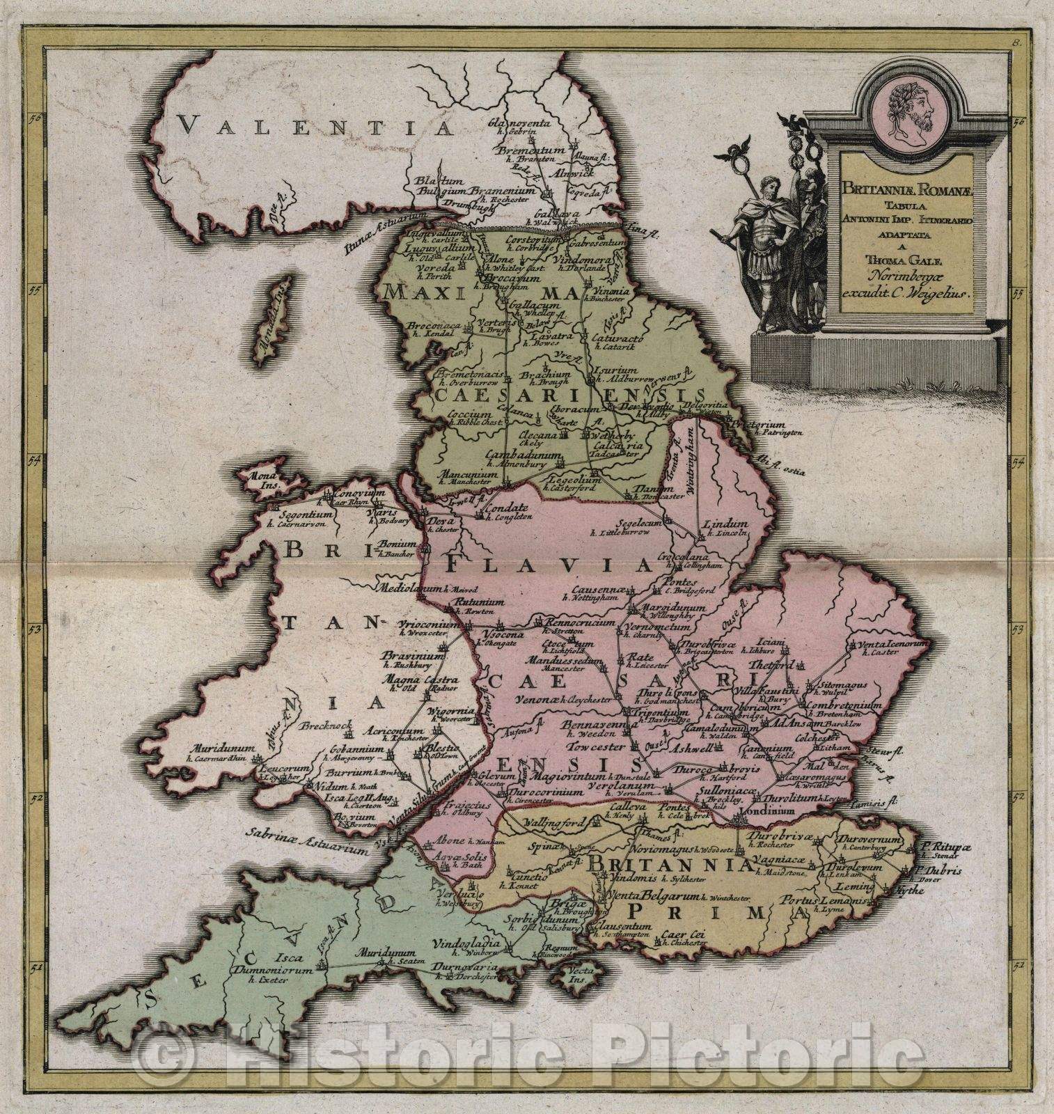 Historic Map : Britanniae Romanae tabula Antonini Imp. Itinerario adaptata a Thoma Gale Norimbergae excudit. C. Weigelius., c. 1720 , Vintage Wall Art