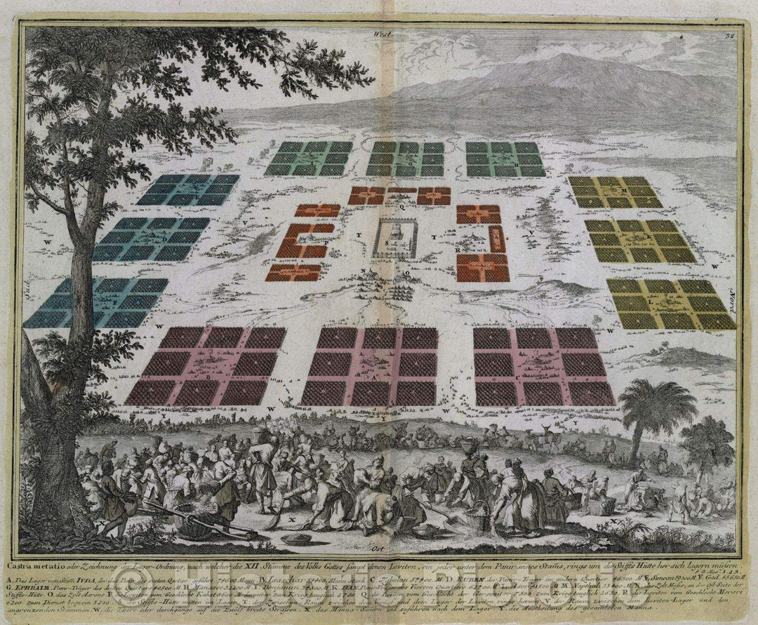 Historic Map : Castra metatio oder Zeichnung der Lager-Ordnung, nach welcher die XII. Stamme des Volks Gottes sampt denen Leviten, ein jeder unter dem Panir seines, c. 1720 , Vintage Wall Art