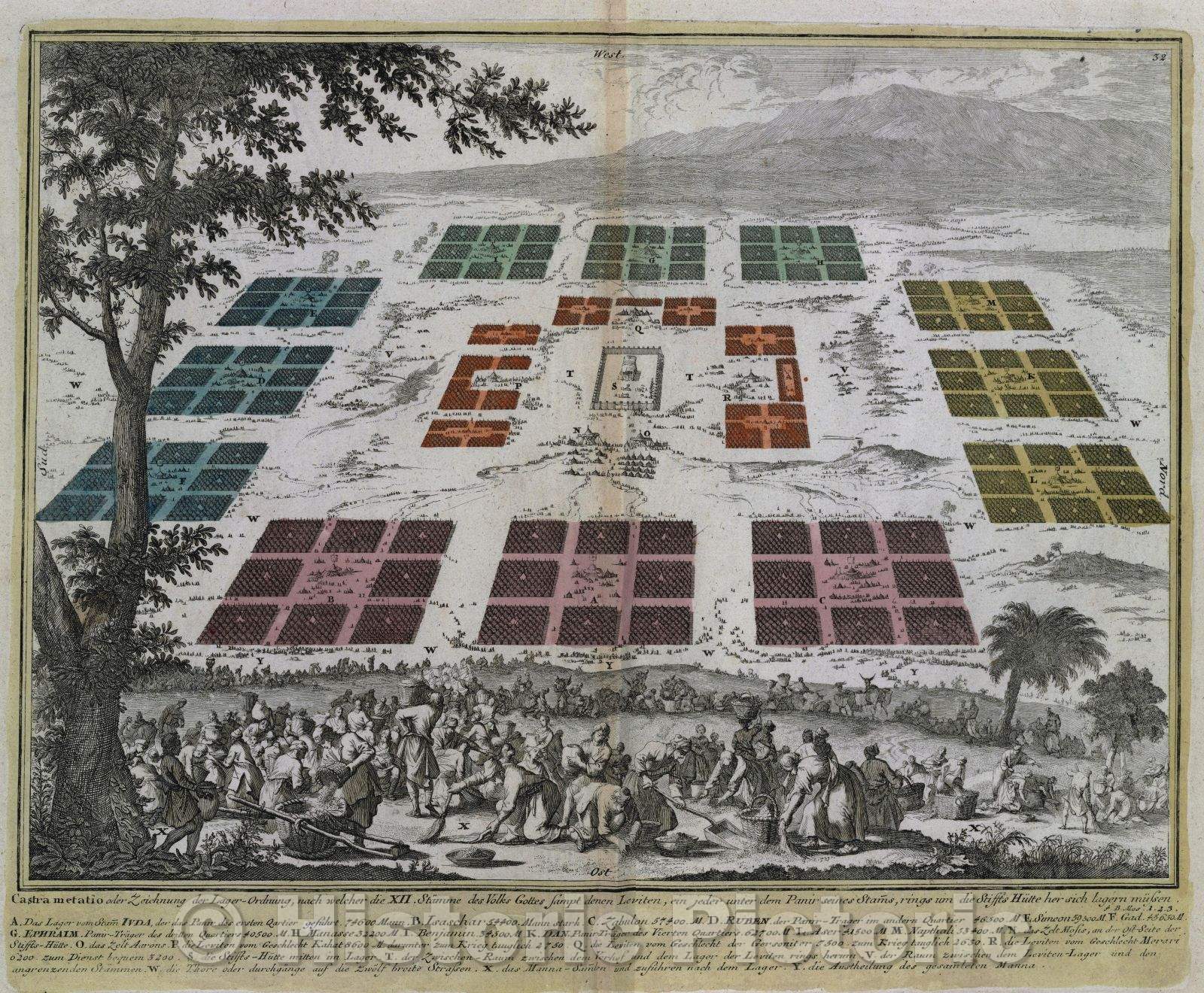 Historic Map : Castra metatio oder Zeichnung der Lager-Ordnung, nach welcher die XII. Stamme des Volks Gottes sampt denen Leviten, ein jeder unter dem Panir seines, c. 1720 , Vintage Wall Art