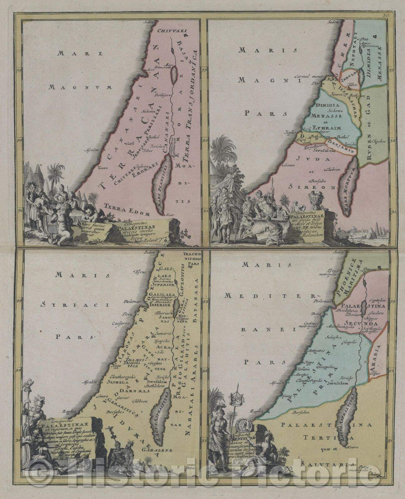 Historic Map : Conspectus Palaestinae a priscis incolis. inhabitatae tempore Iosuae per Hadr. Reland: Upper left inset, c. 1720 , Vintage Wall Art