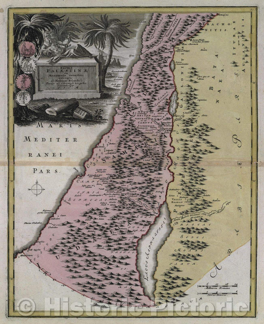 Historic Map : Facies Palaestinae ex monumentis veteribus descripta ab Hadriano Relando. Recusa ab Christoph Weigelio. Norimbergae C.P.S.C.M., c. 1720 , Vintage Wall Art