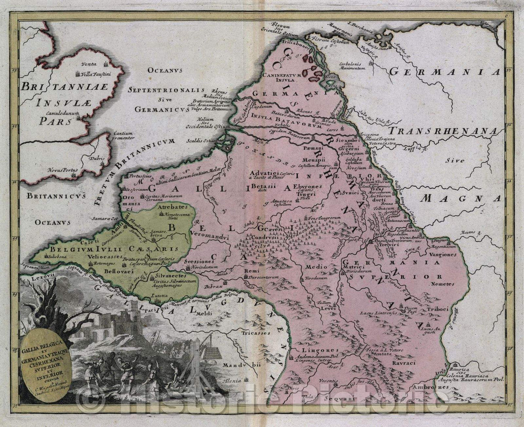 Historic Map : Gallia Belgica et Germania utraque cis Rhenana superior et inferior excusa a C. Weigelio Norrimb. Cum Privil. S. Caes. Majest., c. 1720 , Vintage Wall Art