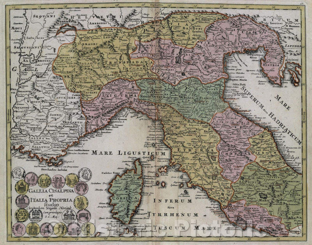 Historic Map : Gallia cis alpina et italia propria studio Christophori Weigelii. Norimb: cum privilegio. S. C. Maj:, c. 1720 , Vintage Wall Art