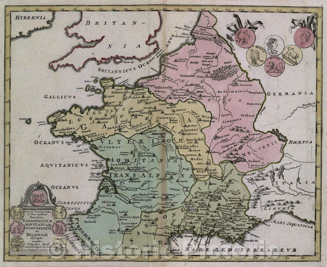 Historic Map : Gallia transalpina in suas quatuor provincias, Narbonensem, Aquitaniam, Lugdunensem et Belgicam descripta. excudit C. Weigelius, c. 1720 , Vintage Wall Art