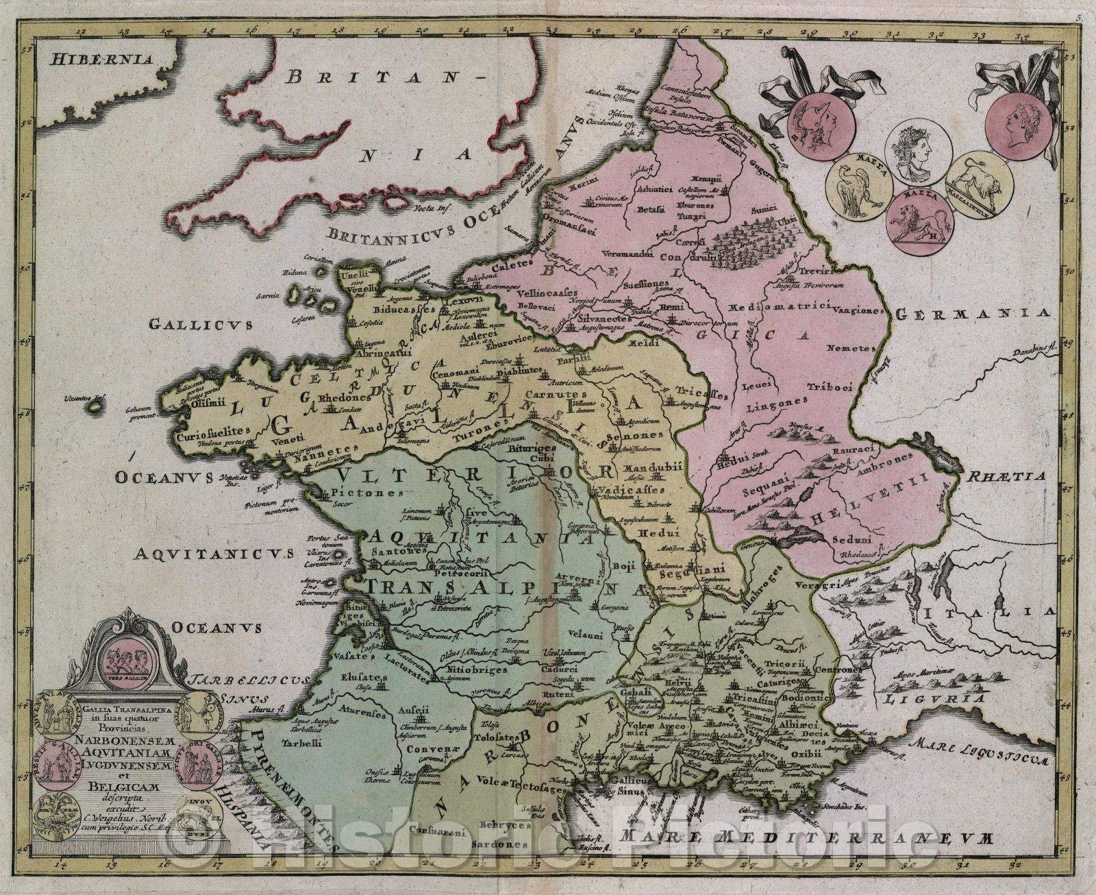 Historic Map : Gallia transalpina in suas quatuor provincias, Narbonensem, Aquitaniam, Lugdunensem et Belgicam descripta. excudit C. Weigelius, c. 1720 , Vintage Wall Art