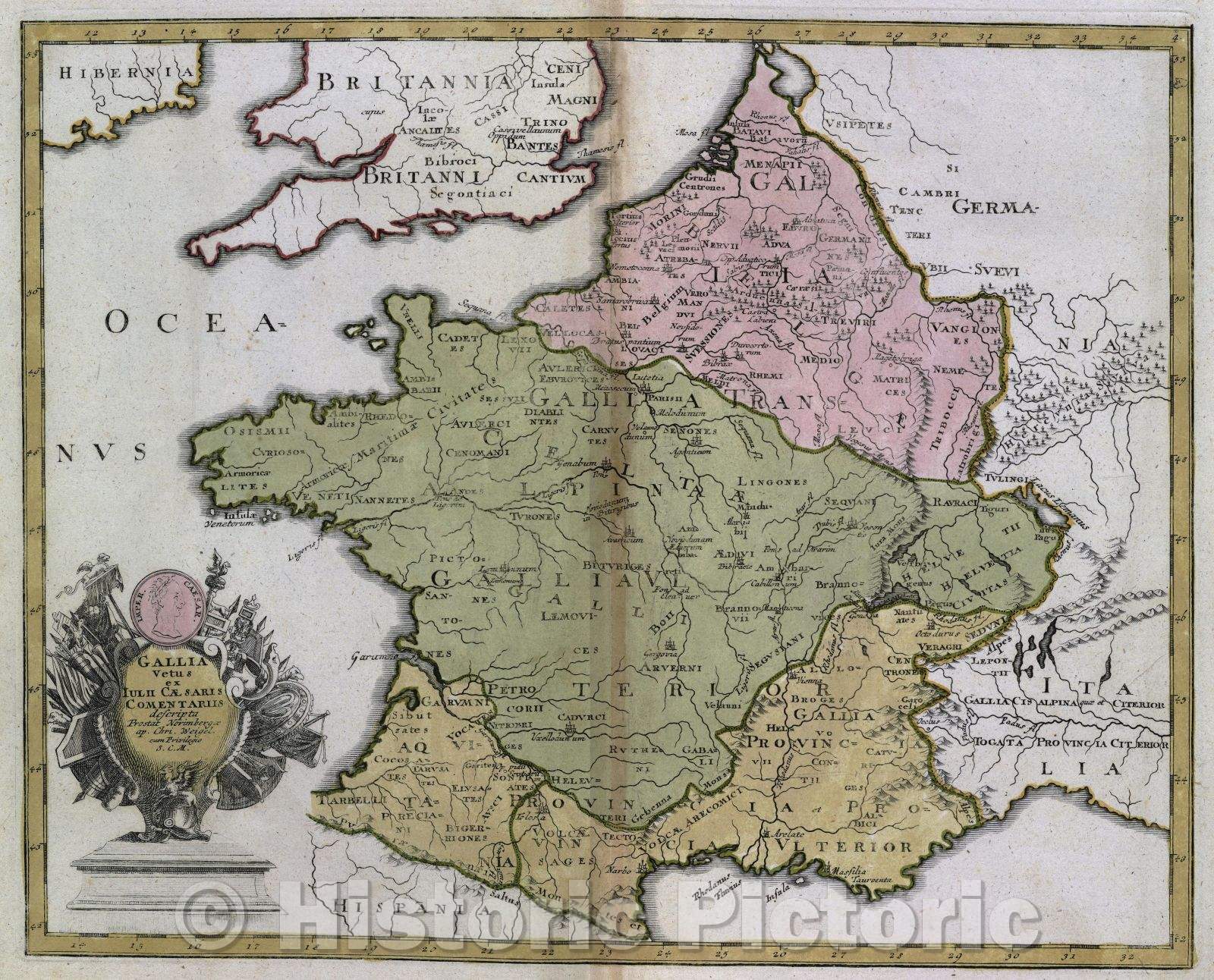 Historic Map : Gallia vetus ex Julii Caesaris comentariis descripta prostat Norimbergae ap. Chri. Weigel. cum privilegio S.C.M., c. 1720 , Vintage Wall Art
