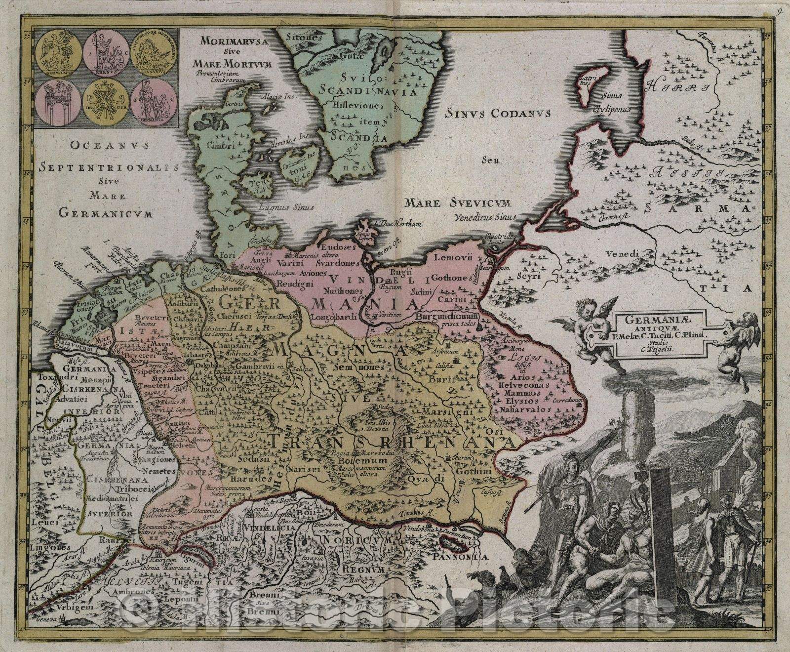 Historic Map : Germaniae antiquae P. Melae, C. Taciti, C. Plinii, studio C. Weigelii., c. 1720 , Vintage Wall Art