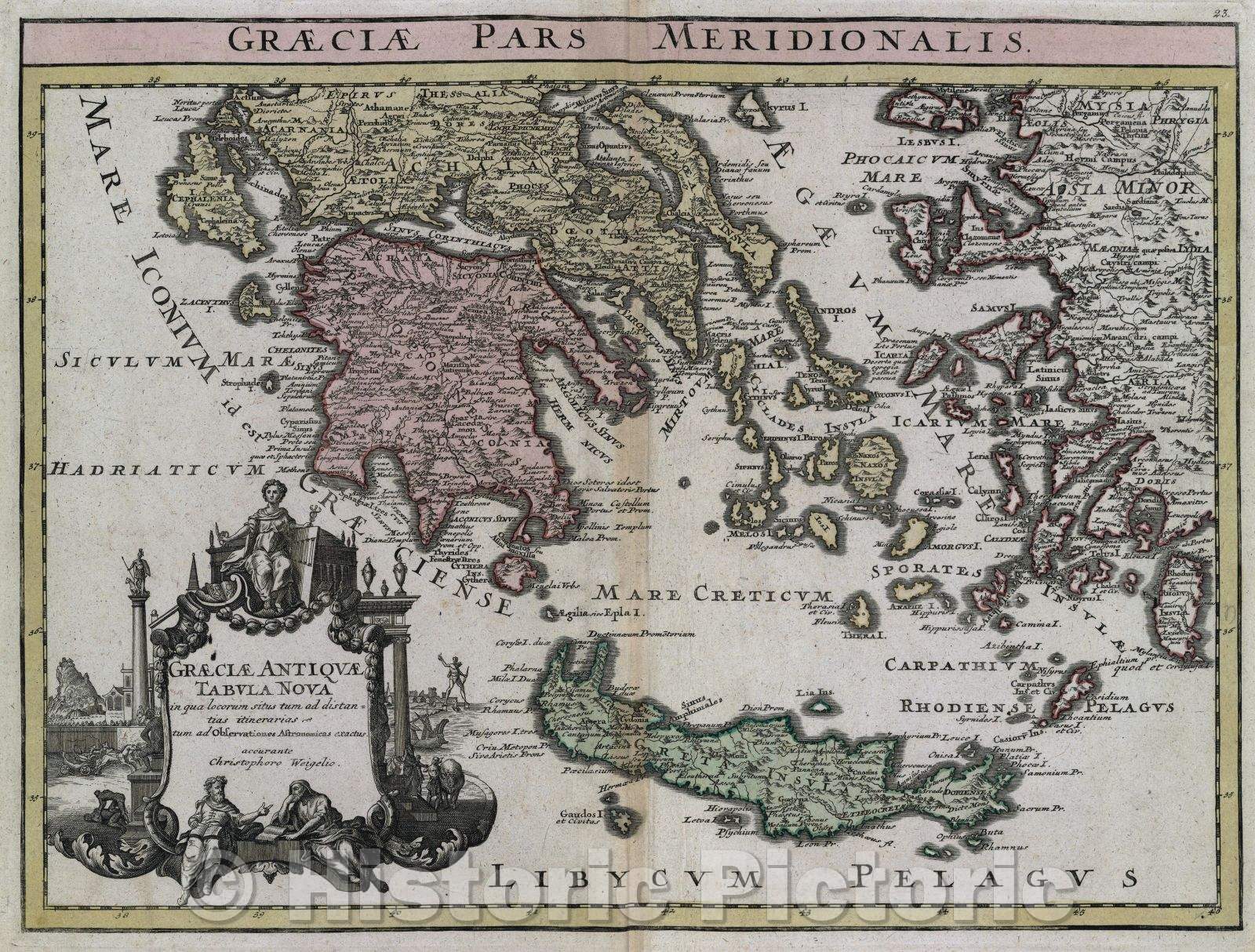 Historic Map : Graecia pars Meridionalis. Graeciae antiquae tabula nova in qua locorum situs tum ad distantias intinerarias tum ad observationes astronomicas exctus., c. 1720 , Vintage Wall Art