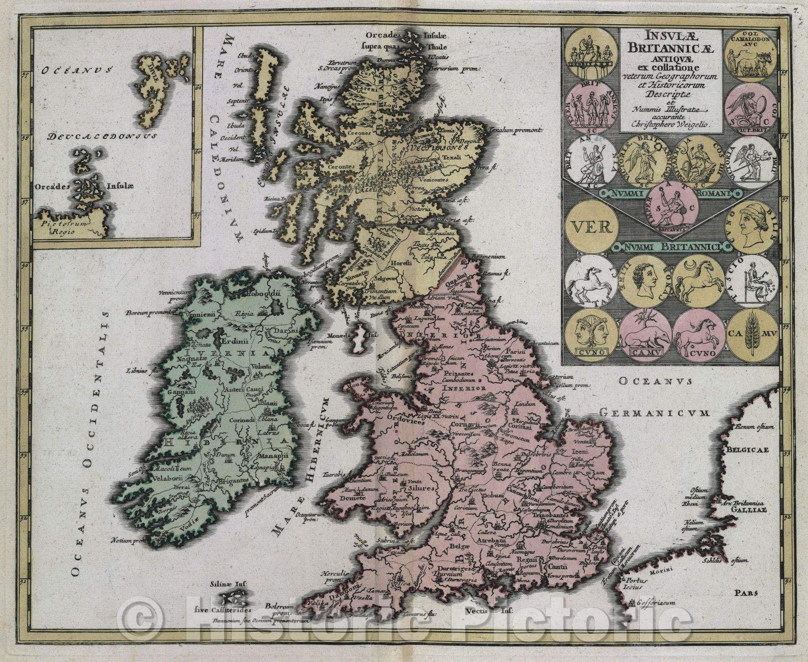 Historic Map : Insulae Britannicae antiquae ex colloatione veterum geographorum et historicorum descriptae et Nummis illustratae accurante Christophero Weigelio., c. 1720 , Vintage Wall Art