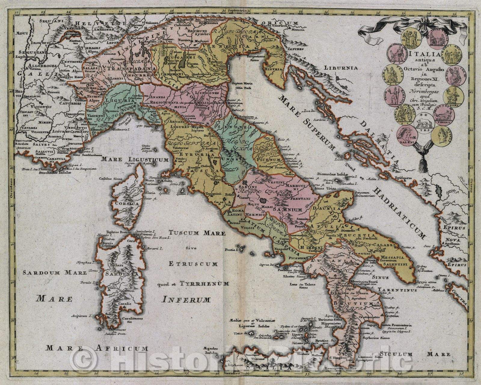 Historic Map : Italia antiqua ab Octavio Augusto in regiones XI. descripta Norimbergae apud Chri. Weigelium. cum privilegio S. C. M., c. 1720 , Vintage Wall Art