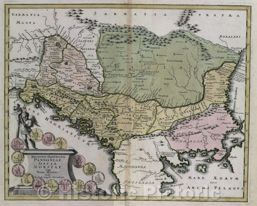 Historic Map : Regiones Danubianae Pannoniae Dacia Moesiae. cum vicino Illyrico. studio Christoph: Weigelii. Norimbergae., c. 1720 , Vintage Wall Art