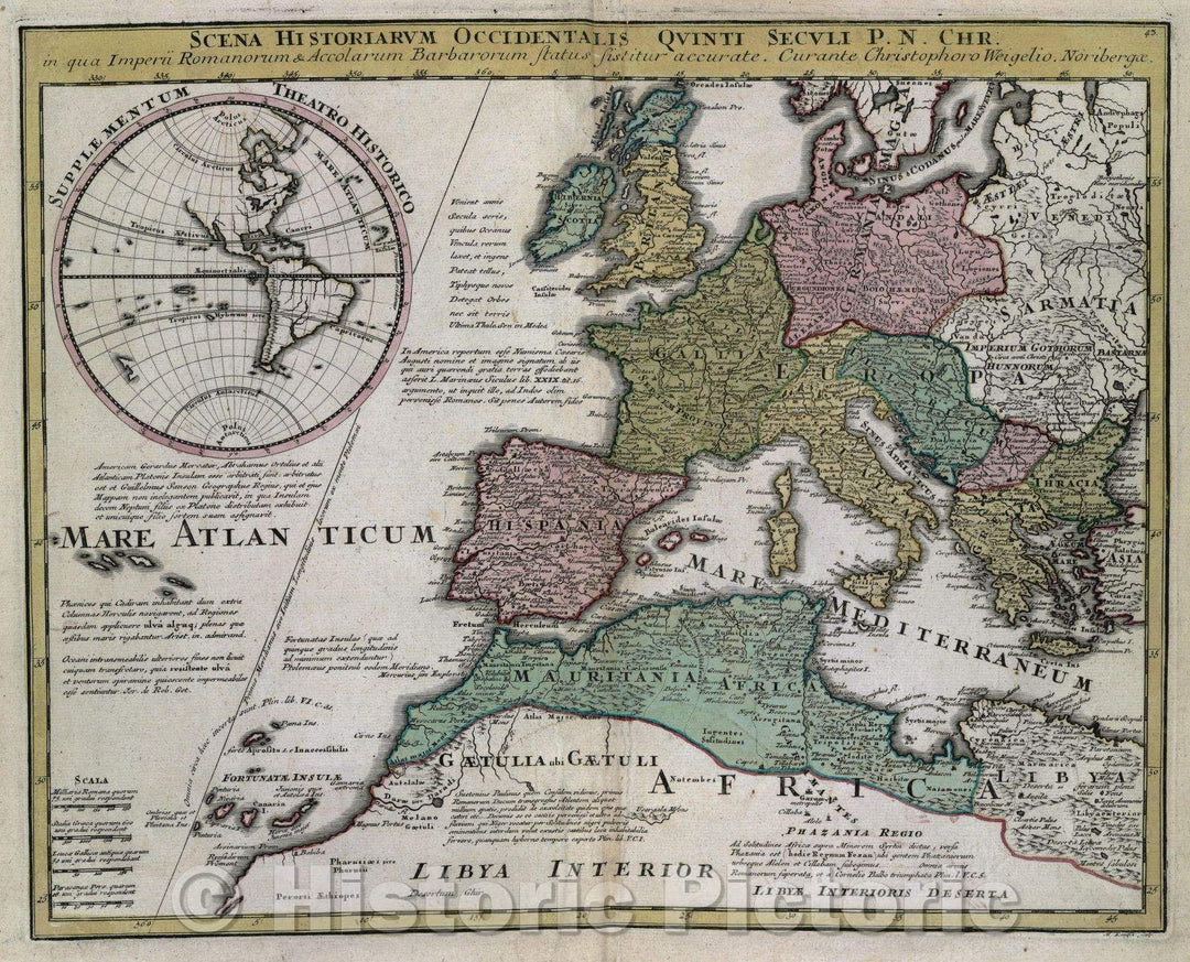Historic Map : Scena historiarum occidentalis quinti seculi P. N. Chr. in qua Imperii Romanorum and Accolarum Barbarorum status sistitur accurate., c. 1720 , Vintage Wall Art