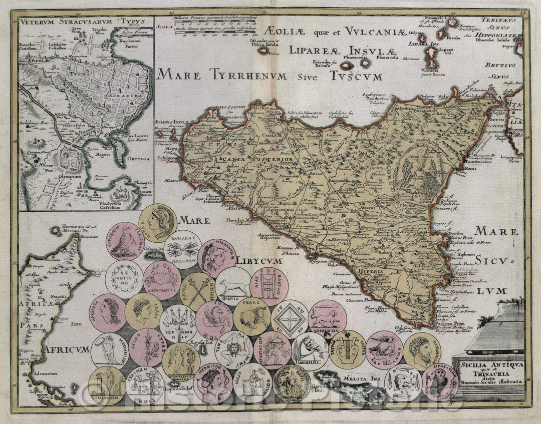 Historic Map : Sicilia antiqua quae et Trinacria dicta nummis siculis illustrata., c. 1720 , Vintage Wall Art
