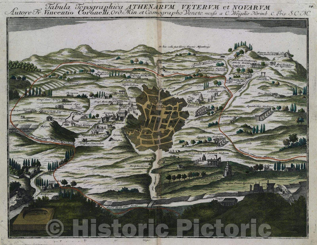 Historic Map : Tabula topographica Athenarum veterum et novarum autore Fr. Vincentio Coronelli. ord. min. et cosmographo Veneto. recusa a C. Weigelio, c. 1720 , Vintage Wall Art