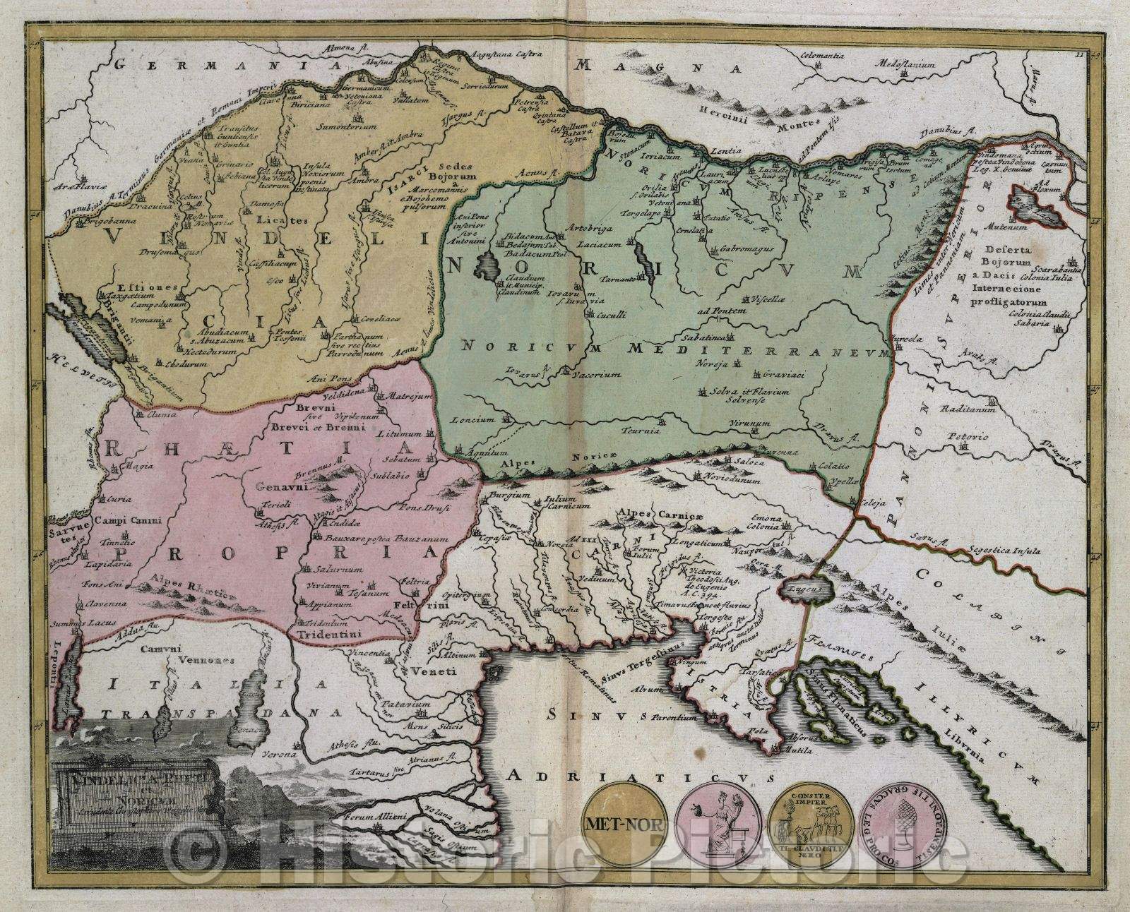 Historic Map : Vindelicia Rheti et Noricum excudit Christph... Weigelius Nor., c. 1720 , Vintage Wall Art