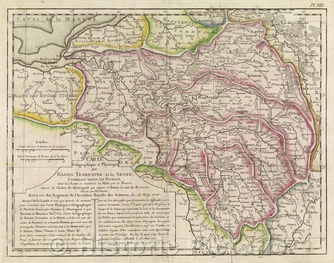 Historic Map : Carte Geographique et Physique du Bassin Terrestre de la Seine. Contenant toutes les Rivieres, dont les Eaux se rendent a la Mer Par ce Fleuve, 1770 , Vintage Wall Art