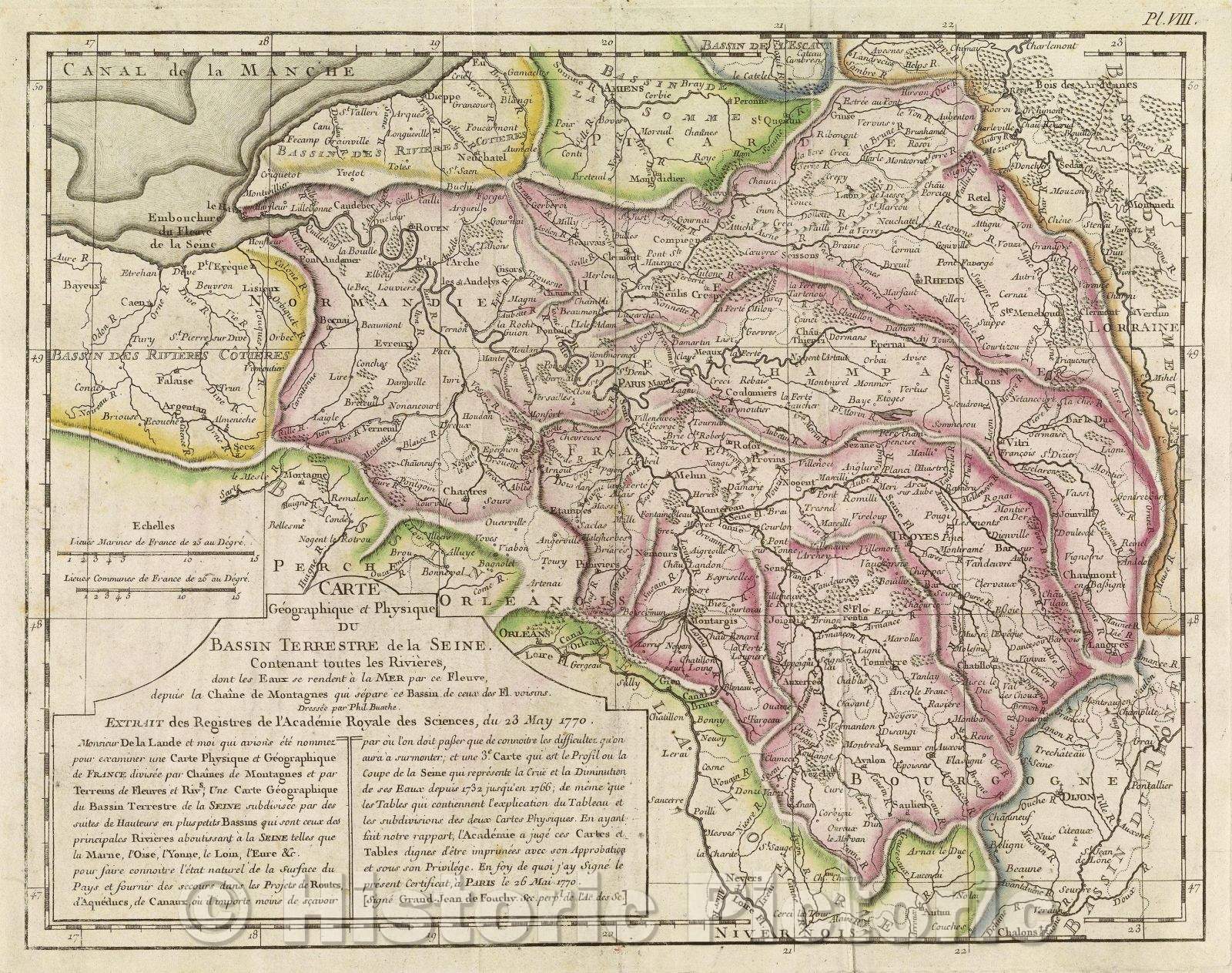 Historic Map : Carte Geographique et Physique du Bassin Terrestre de la Seine. Contenant toutes les Rivieres, dont les Eaux se rendent a la Mer Par ce Fleuve, 1770 , Vintage Wall Art