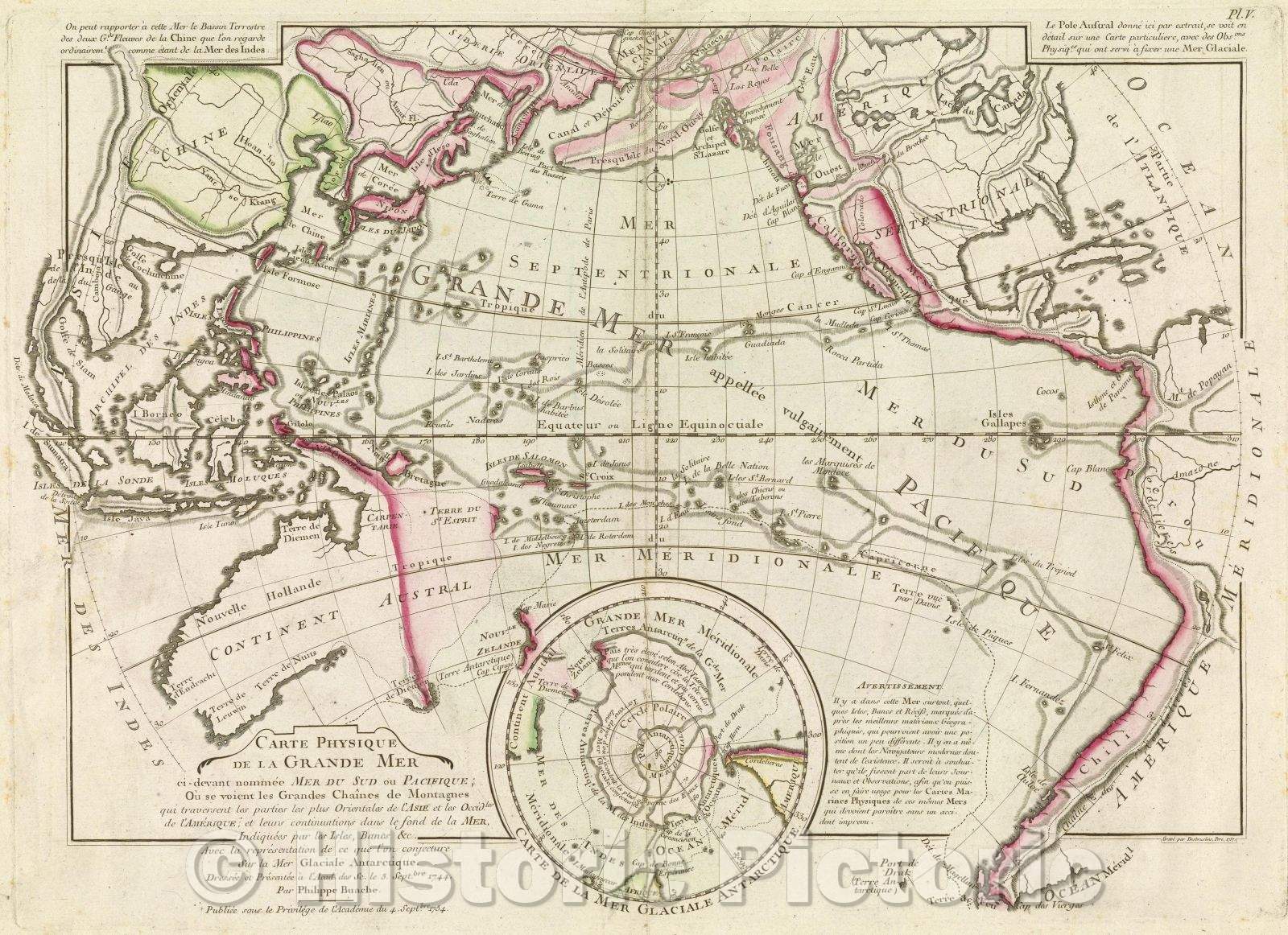 Historic Map : Carte physique de la Grande Mer ci-devant nommee Mer du Sud ou Pacifique; Ou se voient les Grandes Chaines, 1757 , Vintage Wall Art