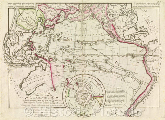 Historic Map : Carte physique de la Grande Mer ci-devant nommee Mer du Sud ou Pacifique; Ou se voient les Grandes Chaines, 1757 , Vintage Wall Art