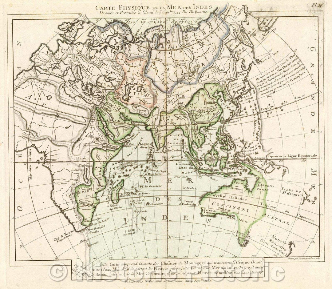 Historic Map : Carte Physique de la Mer des Indes Dressee et Presentee a l'Acad. le 5. Septbre 1744. Par Ph. Buache.Pl. IV., 1757 , Vintage Wall Art