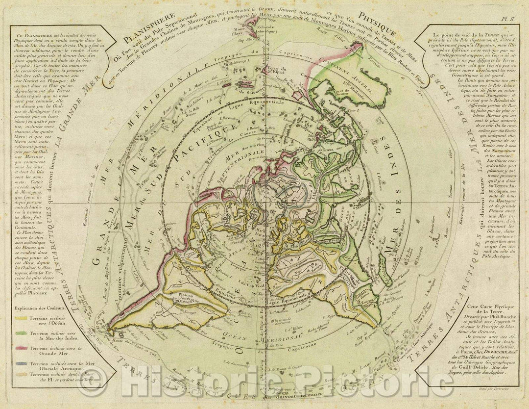 Historic Map : Planisphere Physique ou l'on voit du Pole Septentrional ce que l'on connoit de Terres et de Mers Avec les Grandes Chaines de Montagnes, 1757 , Vintage Wall Art