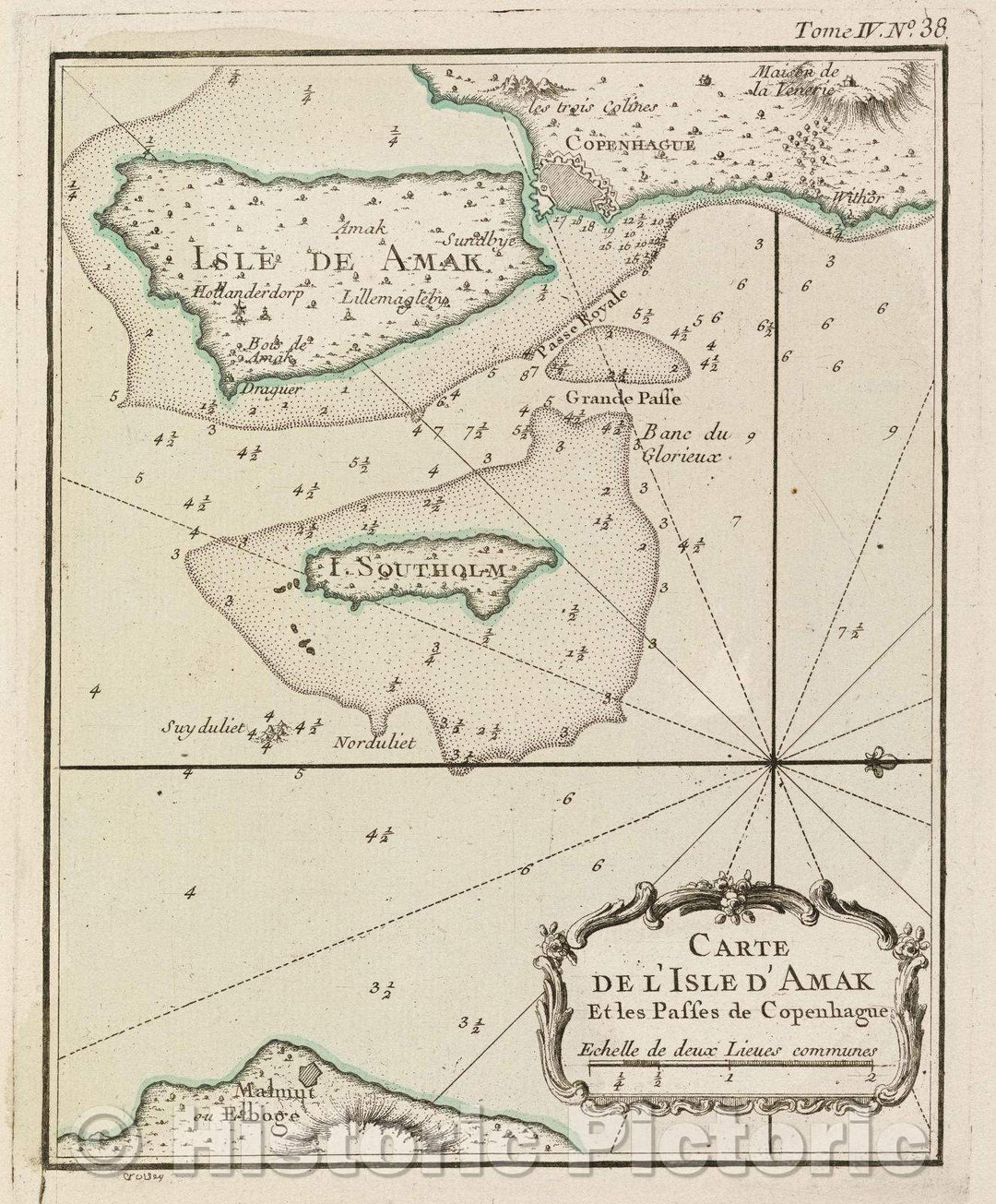 Historic Map : Carte de L'Isle D'Amak et les passes de Copenhague, Tome IV. No. 38., 1764 , Vintage Wall Art