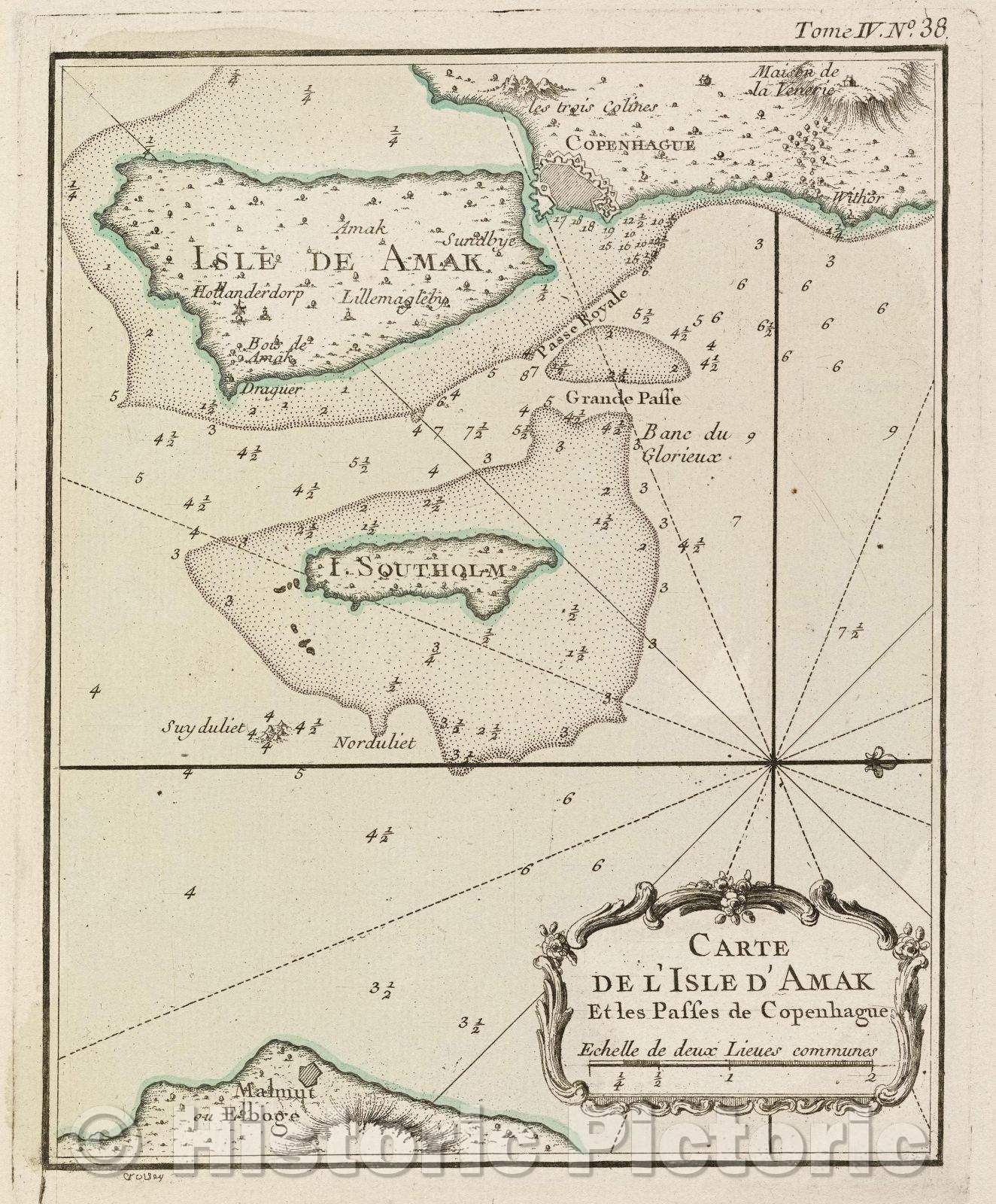 Historic Map : Carte de L'Isle D'Amak et les passes de Copenhague, Tome IV. No. 38., 1764 , Vintage Wall Art