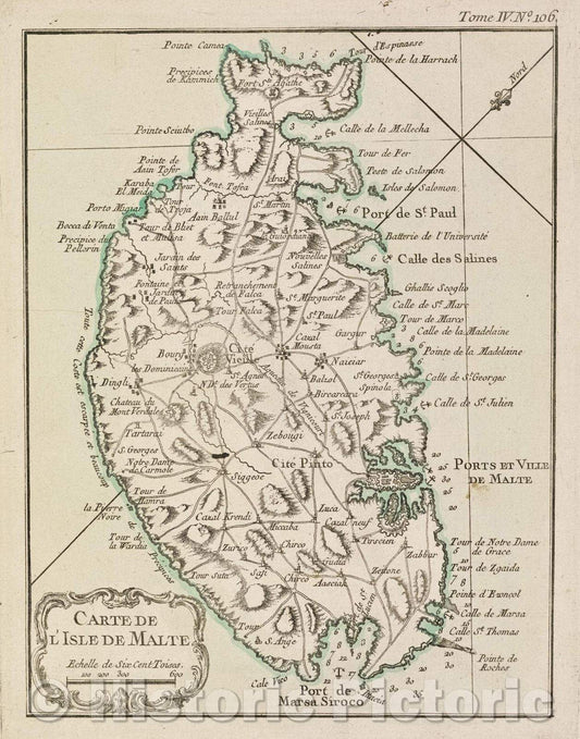 Historic Map : Carte de l'Isle de Malte, Tome IV. No. 106., 1764 , Vintage Wall Art