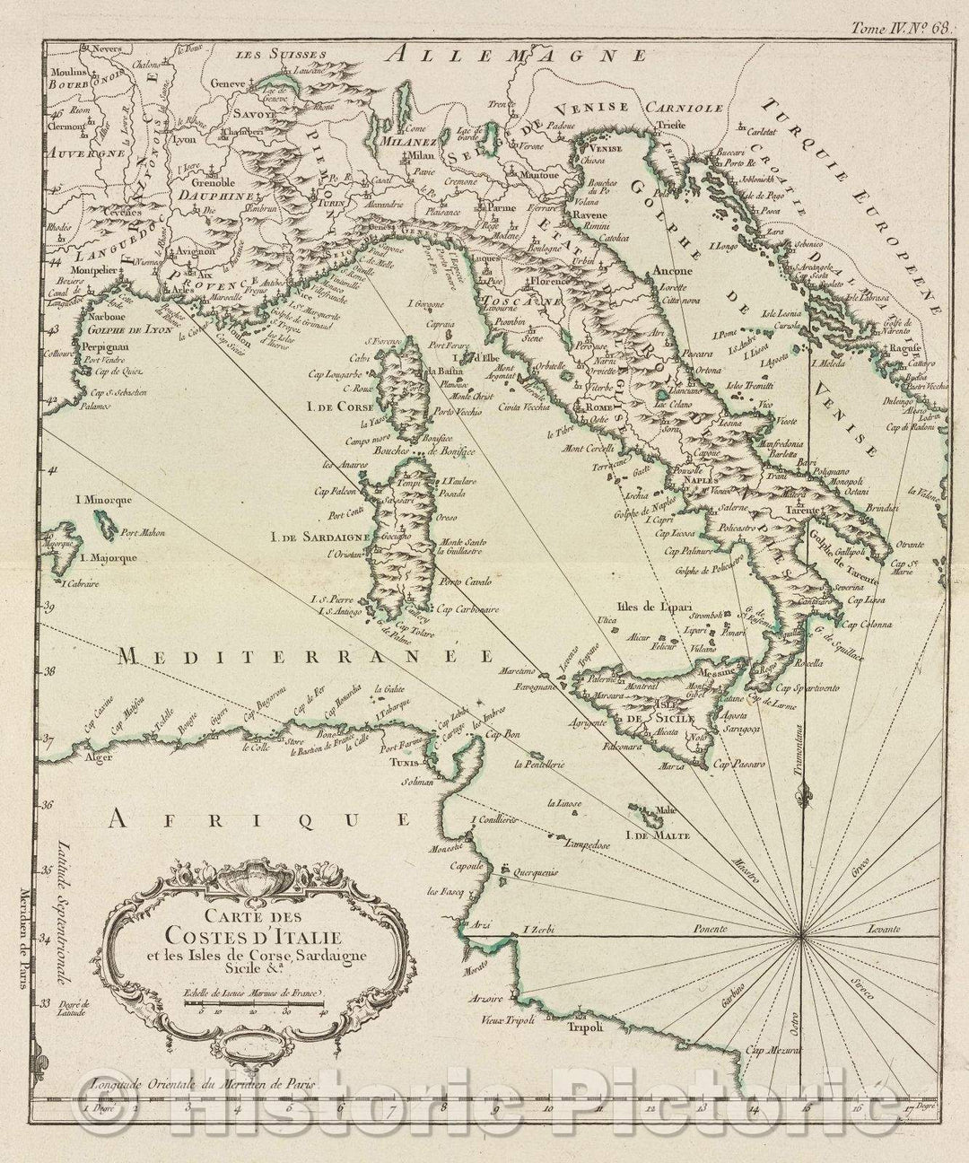 Historic Map : Carte des Costes d'Italie et les Isles de Corse, Sardaigne Sicil anda., Tome IV. No. 68., 1764 , Vintage Wall Art