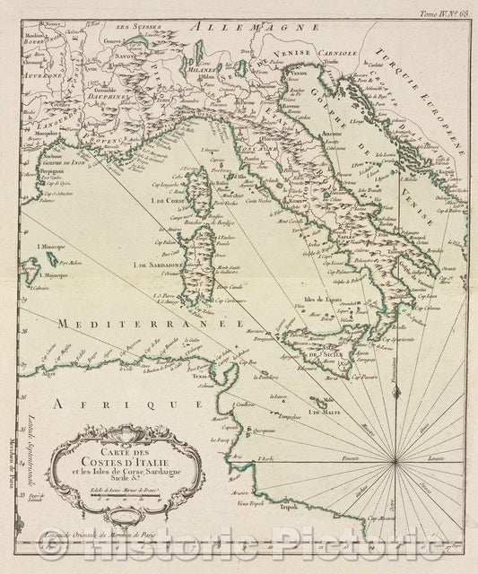 Historic Map : Carte des Costes d'Italie et les Isles de Corse, Sardaigne Sicil anda., Tome IV. No. 68., 1764 , Vintage Wall Art