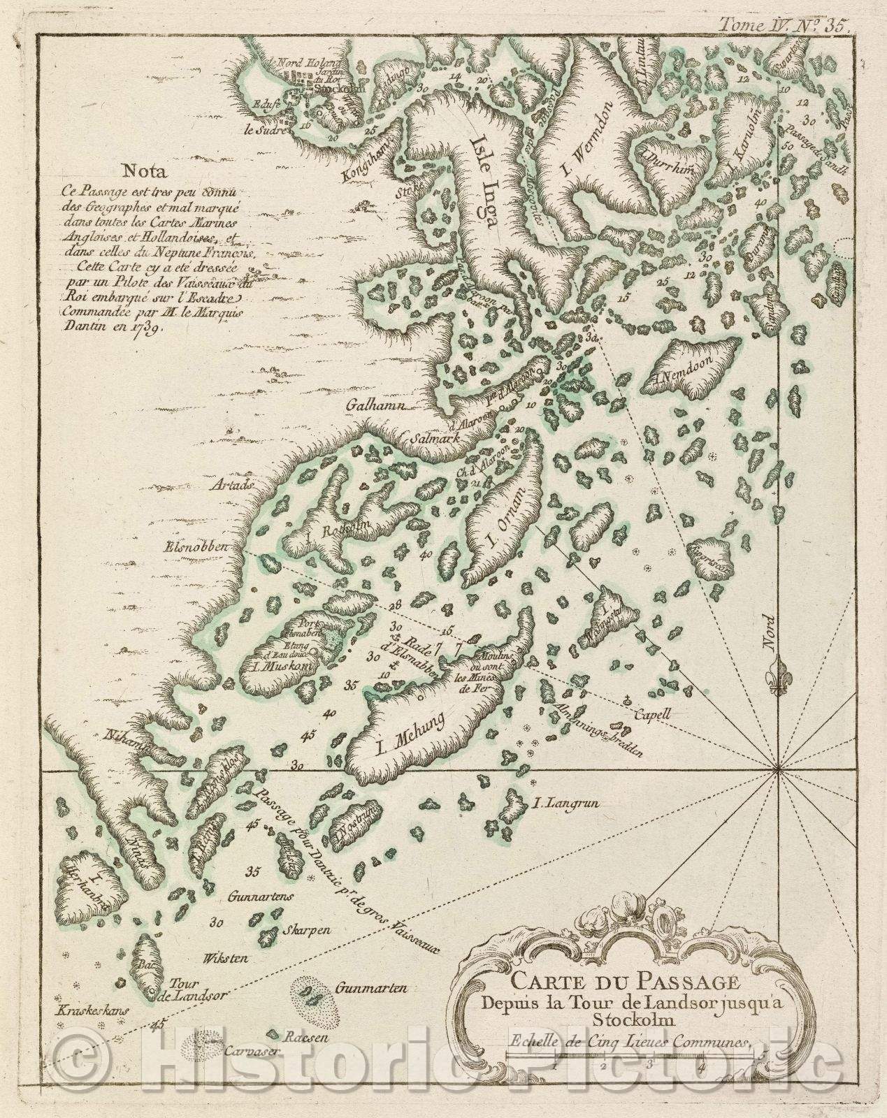 Historic Map : Carte du passage depuis la tour de Landsor jusqu'a Stockolm, Tome IV. No. 35., 1764 , Vintage Wall Art