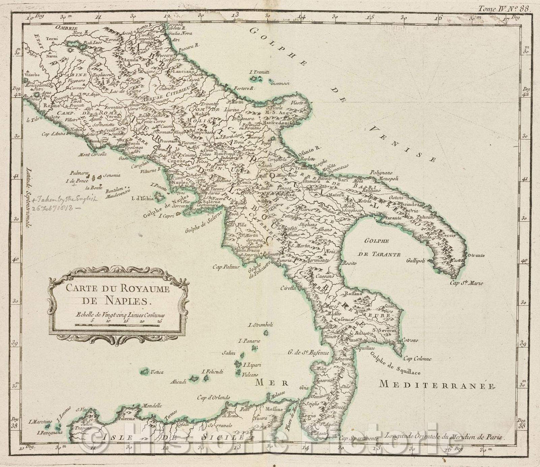 Historic Map : Carte du Royaume de Naples., Tome IV. No. 88., 1764 , Vintage Wall Art