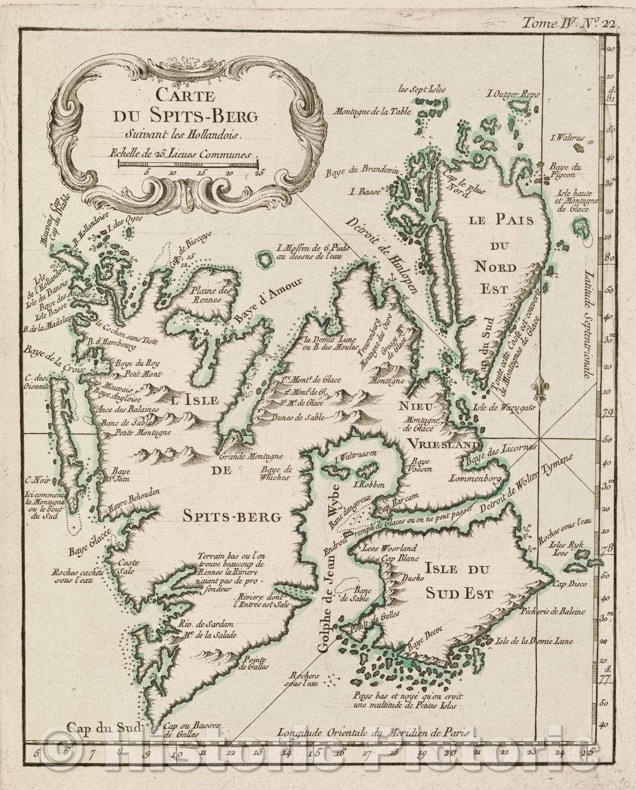 Historic Map : Carte du Spits-Berg suivant les Hollandois., Tome IV. No. 22., 1764 , Vintage Wall Art