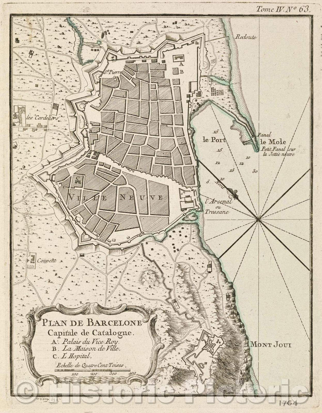 Historic Map : Plan de Barcelone Capitale de Catalogne., Tome IV. No 63., 1764 , Vintage Wall Art