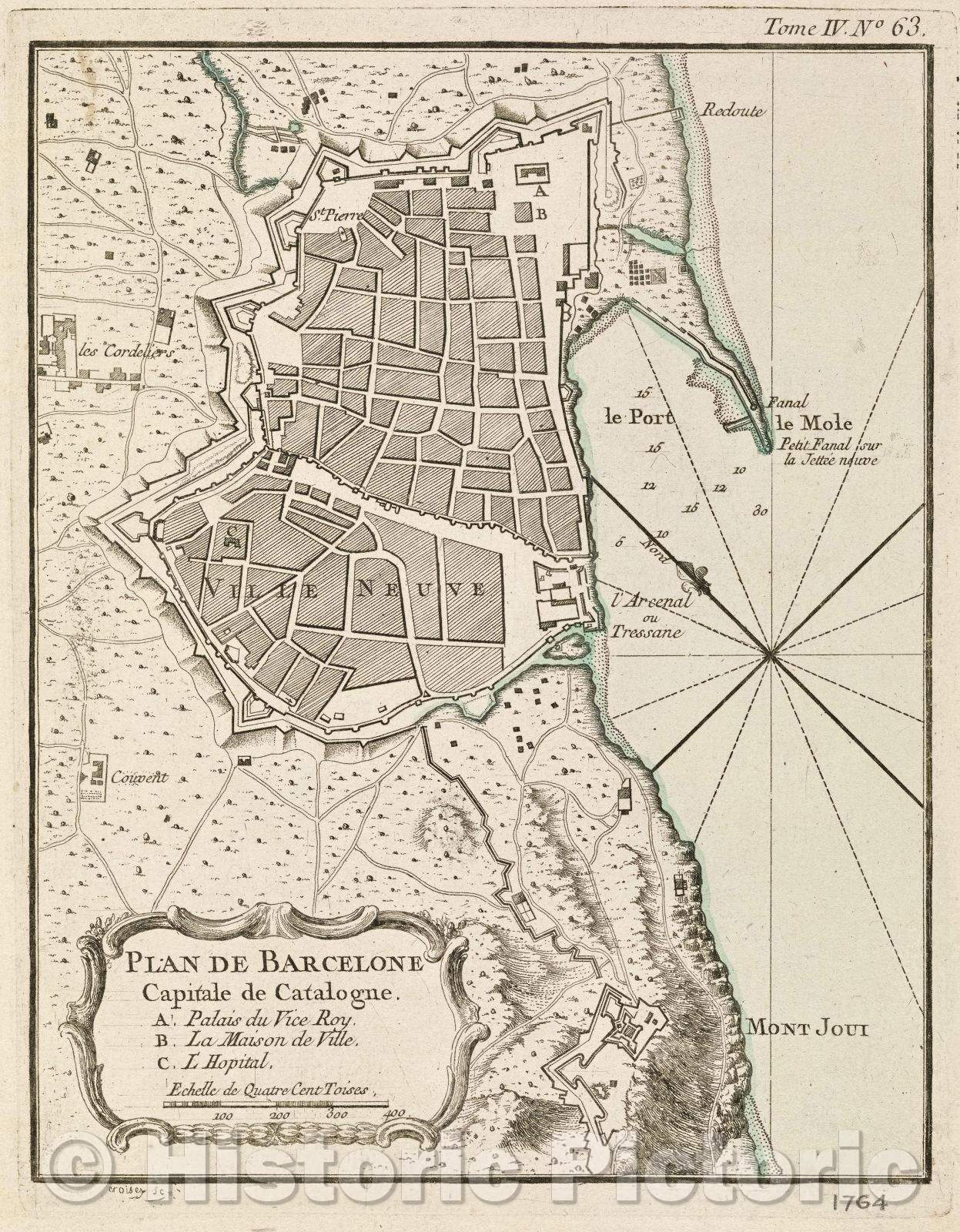 Historic Map : Plan de Barcelone Capitale de Catalogne., Tome IV. No 63., 1764 , Vintage Wall Art