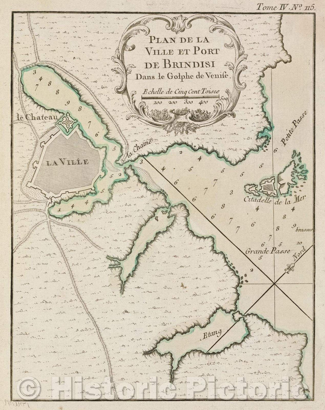 Historic Map : Plan de la Ville et Port de Brindisi dans le Golphe de Venise., Tome IV. No. 115., 1764 , Vintage Wall Art