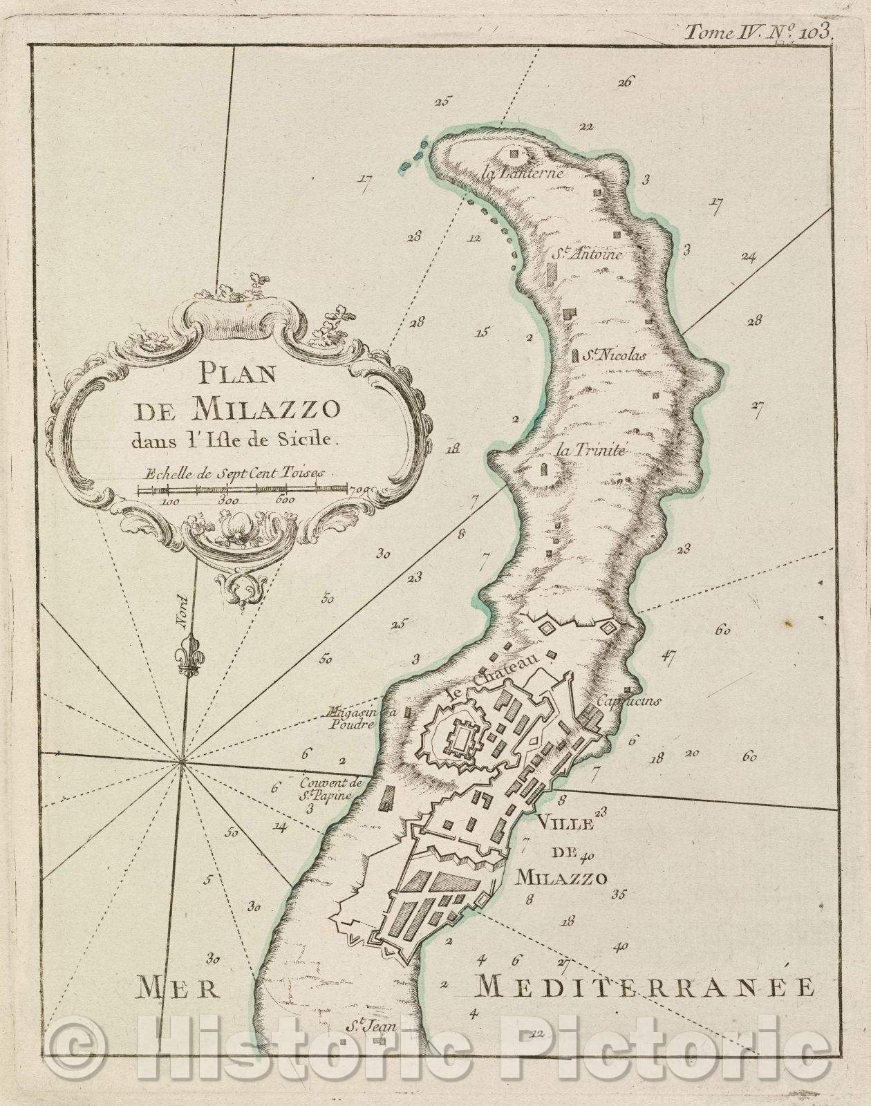 Historic Map : Plan de Milazzo dans l'Isle de Sicile., Tome IV. No. 103., 1764 , Vintage Wall Art