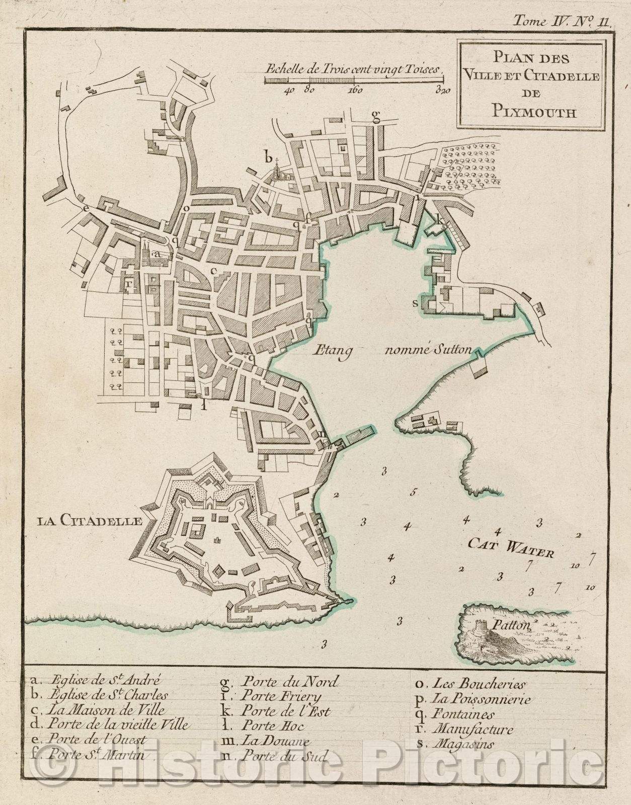 Historic Map : Plan des Ville et Citadelle de Plymouth, Tome IV. No. 11., 1764 , Vintage Wall Art