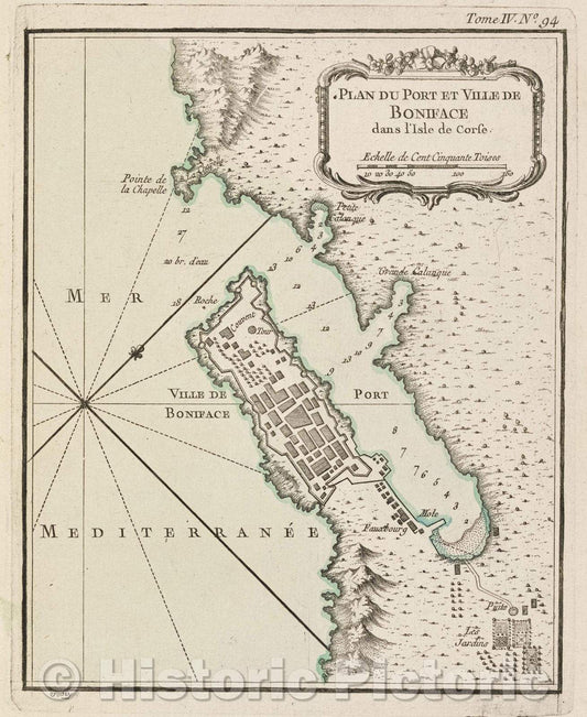 Historic Map : Plan du Port et Ville de Boniface dans l'Isle de Corse., Tome IV. No. 94, 1764 , Vintage Wall Art