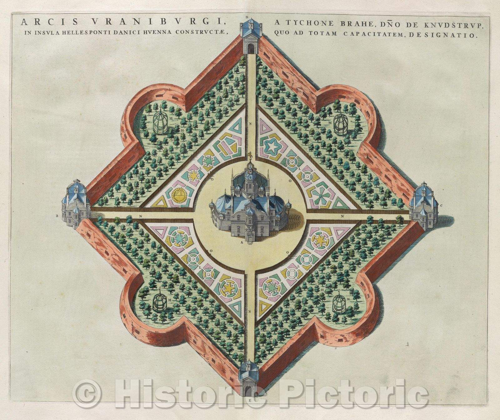 Historic Map : Arcis Uraniburgi, A Tychone Brahe, Dno de Knudstrup, in insula Hellesponti Danici Huenna Constructae, quo ad totam Capacitatem, designatio., 1662 , Vintage Wall Art