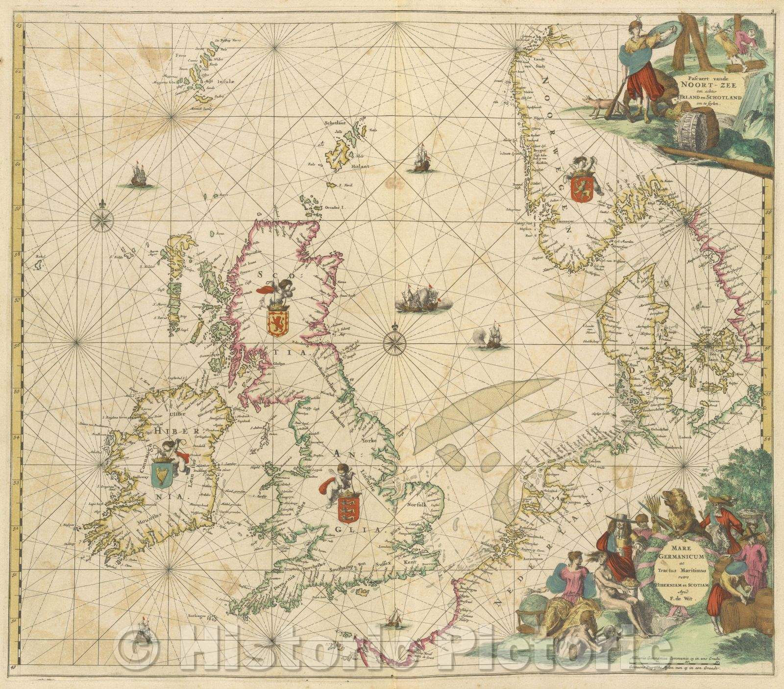 Historic Map : Mare Germanicum ac Tractus Maritimus retro Hiberniam et Scotiam apud F. de Wit., 1680 , Vintage Wall Art